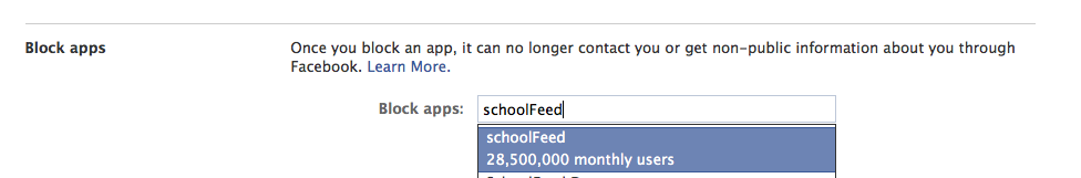 Facebook Settings, Privacy, Block apps 